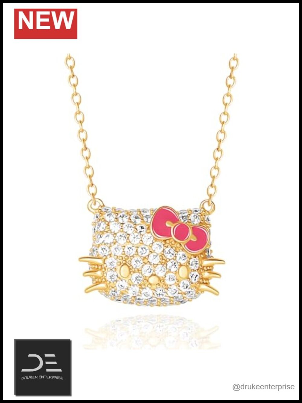 Hello Kitty Cubic Zirconia Face Pendant Necklace 18" 925 Sterling Silver